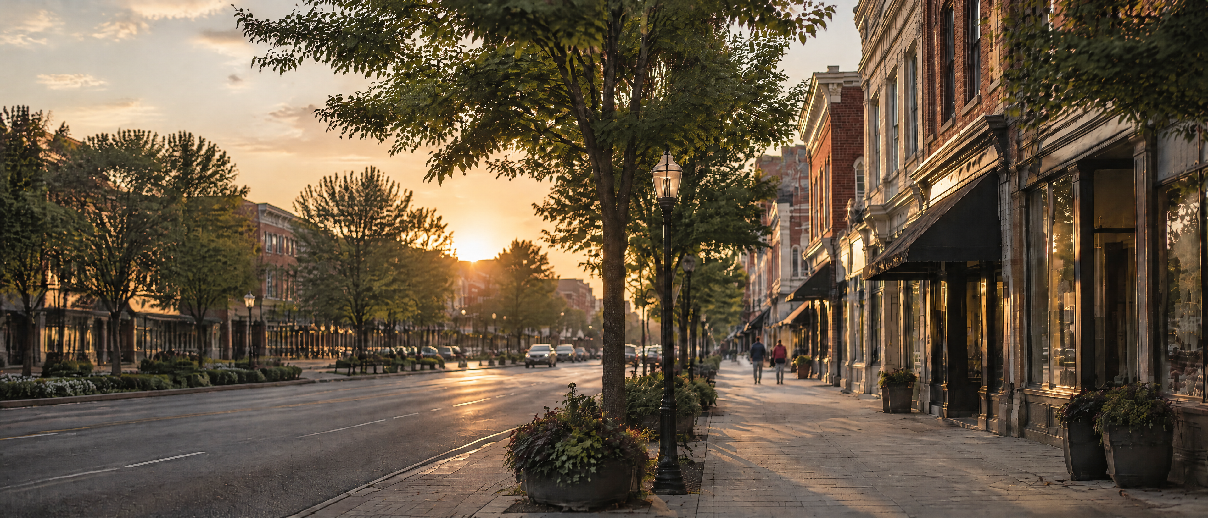 A main street at golden hour, with shops, street trees, and a few people walking in the distance.